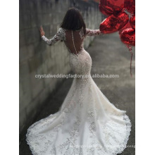 Vestido De Noiva Luxus Appliqued Lace Big Train Meerjungfrau Lace Langarm Braut Weddding Kleid 2017 MW991